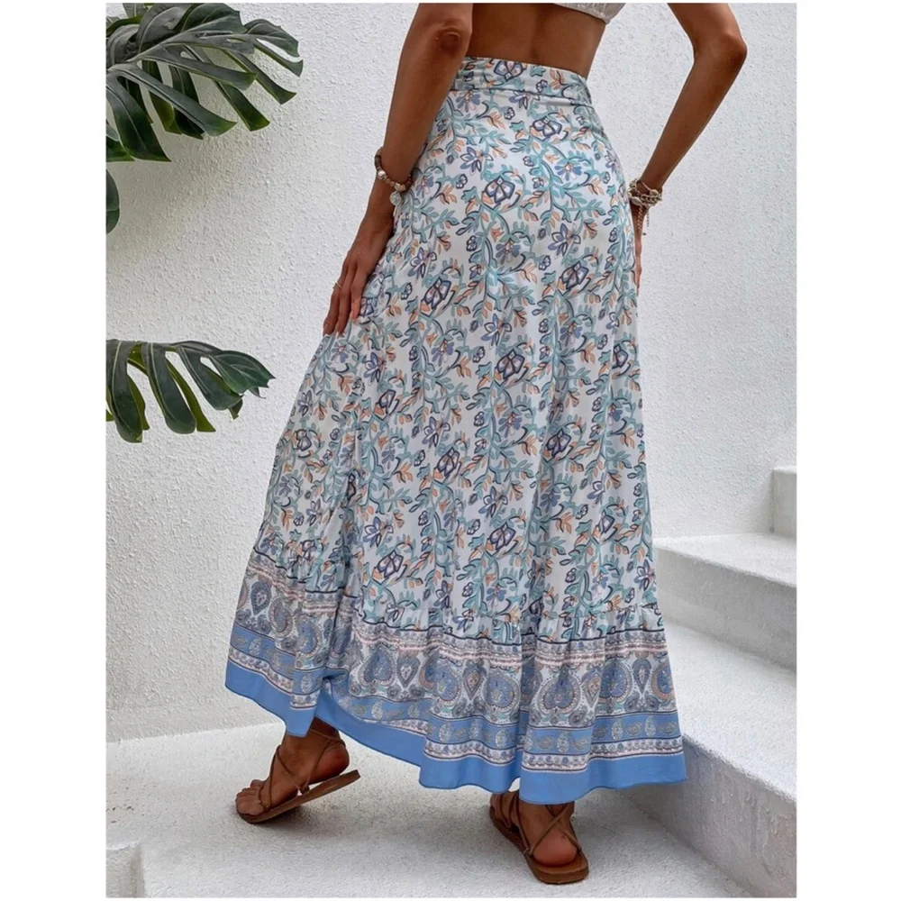 Boho Blue Floral Print Ruffle Wrap maxi Skirt - Picture 9 of 10